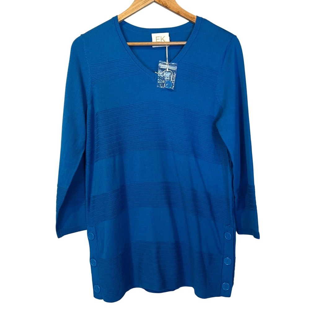 NWOT Edinburgh Knitwear Womens Blue V-Neck Tunic Sweater M Scotland Quiet Luxury